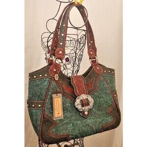 P & G Collection Studded Shoulder Bag Burgundy Turquoise Faux Leather Purse
